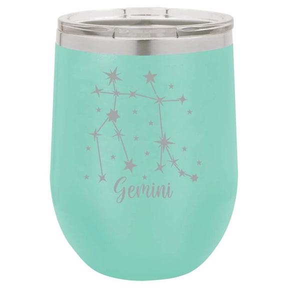 12 oz Double Wall Vacuum Insulated Stainless Steel Stemless Wine Tumbler Glass Coffee Travel Mug With Lid Horoscope Constellation (Teal) (Gemini)