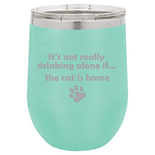 12 oz Double Wall Vacuum Insulated Stainless Steel Stemless Wine Tumbler Glass Coffee Travel Mug With Lid Funny Drinking Alone CATS (Teal)