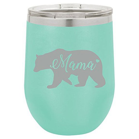 12 oz Double Wall Vacuum Insulated Stainless Steel Stemless Wine Tumbler Glass Coffee Travel Mug With Lid Mama Bear Mom Mother (Teal)