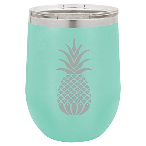 12 oz Double Wall Vacuum Insulated Stainless Steel Stemless Wine Tumbler Glass Coffee Travel Mug With Lid Pineapple (Teal)