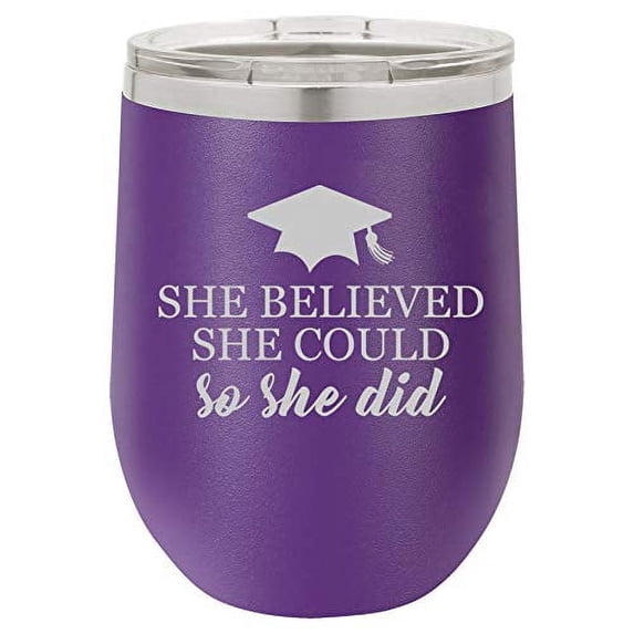 12 oz Double Wall Vacuum Insulated Stainless Steel Stemless Wine Tumbler Glass Coffee Travel Mug With Lid She Believed She Could So She Did Grad Cap Student Graduate Graduation (Purple)