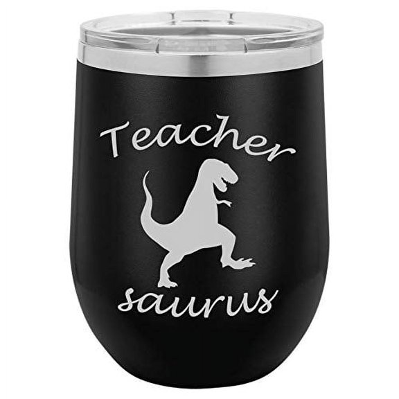12 oz Double Wall Vacuum Insulated Stainless Steel Stemless Wine Tumbler Glass Coffee Travel Mug With Lid Teacher Saurus Funny T-Rex (Black)