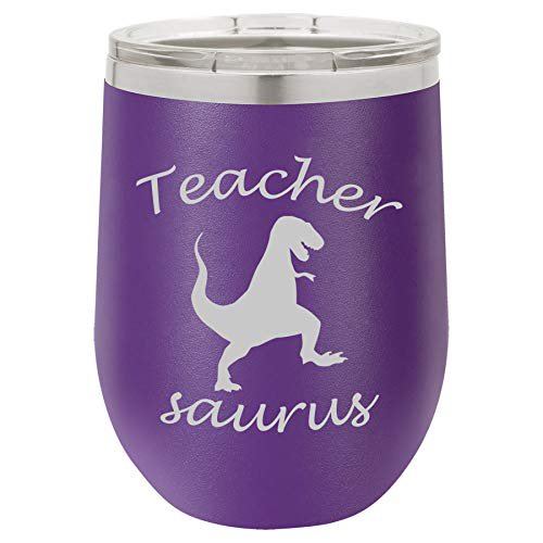 12 oz Double Wall Vacuum Insulated Stainless Steel Stemless Wine Tumbler Glass Coffee Travel Mug With Lid Teacher Saurus Funny T-Rex (Purple)