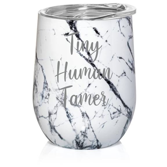 12 oz Double Wall Vacuum Insulated Stainless Steel Stemless Wine Tumbler Glass Coffee Travel Mug With Lid Tiny Human Tamer Funny Preschool Teacher Daycare (Black White Marble)