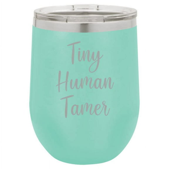 12 oz Double Wall Vacuum Insulated Stainless Steel Stemless Wine Tumbler Glass Coffee Travel Mug With Lid Tiny Human Tamer Funny Preschool Teacher Daycare (Teal)