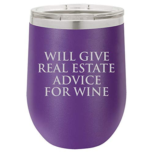 12 oz Double Wall Vacuum Insulated Stainless Steel Stemless Wine Tumbler Glass Coffee Travel Mug With Lid Will Give Real Estate Advice For Wine Funny Realtor Real Estate Agent Broker (Purple)