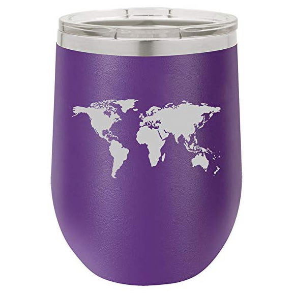 12 oz Double Wall Vacuum Insulated Stainless Steel Stemless Wine Tumbler Glass Coffee Travel Mug With Lid World Map (Purple)