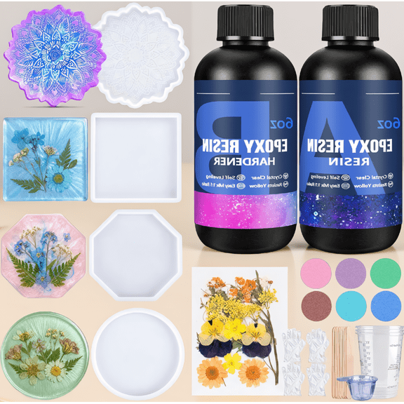 12 oz Epoxy Resin Starter Kit with 4 Silicone Coaster Molds, Mica Powders, Dried Flowers, Measuring Cups and Gloves for DIY Crafts