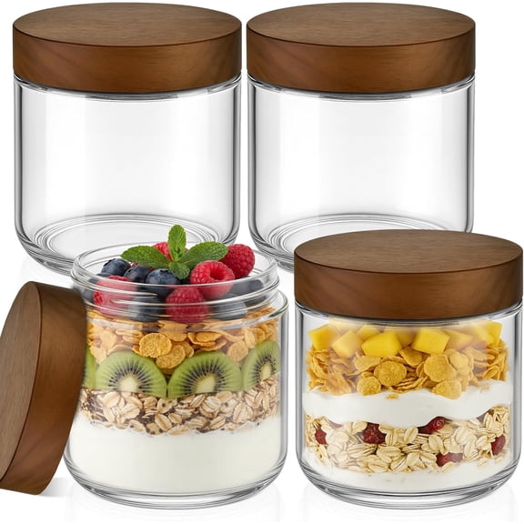 Glass Mason Jars with Lids 12 oz 4 Pack, Wide Mouth Canisters with Acacia Wood Airtight Lid for Chia Pudding Meal Prep Salad Snacks Yogurt