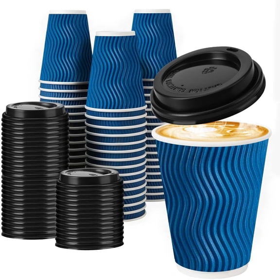 12 oz Insulated Disposable Paper Coffee Cups with Lids, 50 Pack Triple Wall To Go Cups for Hot and Cold Drinks, Ripple Design for Heat Retention, Eco-Friendly and Sturdy
