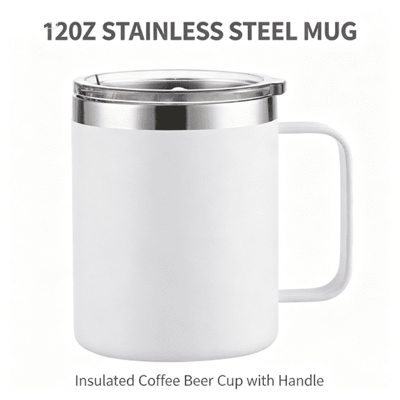 12 oz Insulated Stainless Steel Coffee Mug with Handle & Sliding Lid, 304 Stainless Steel Reusable Travel Cup for Office Home Beer Tea Drinks