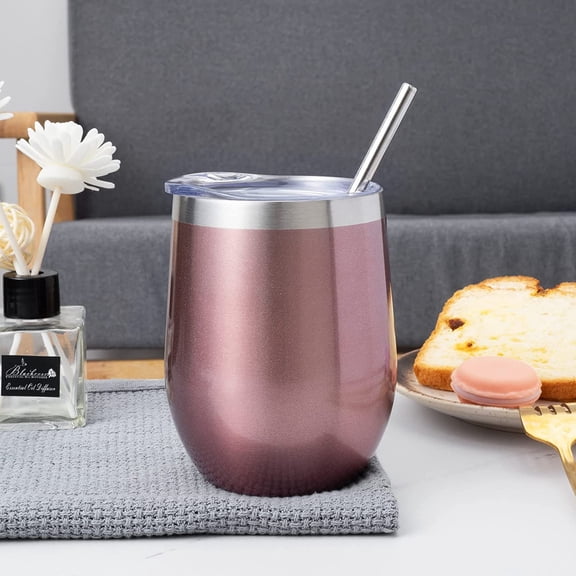 12 oz Insulated Wine Tumbler with Lid and Straw, Stainless Steel Stemless Wine Tumbler Glasses Double Wall Vacuum Wine Cups Tumbler Bulk for Champaign, Cocktail, Office (Rose Gold, 8)
