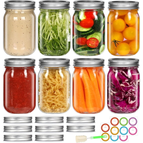 Food Service Storage 12 oz Mason Jars 8 Pack, Regular Mouth Glass Canning Jars with Airtight ...