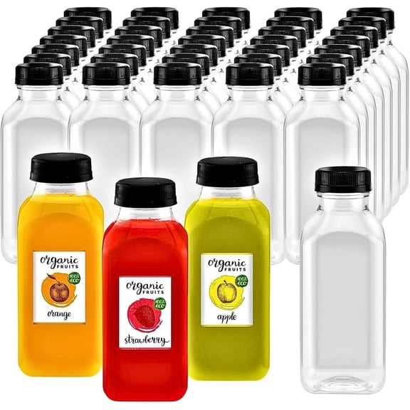 12 oz. Plastic Clear Empty Bottles with Black Caps for Juice BPA Free Pack of 35