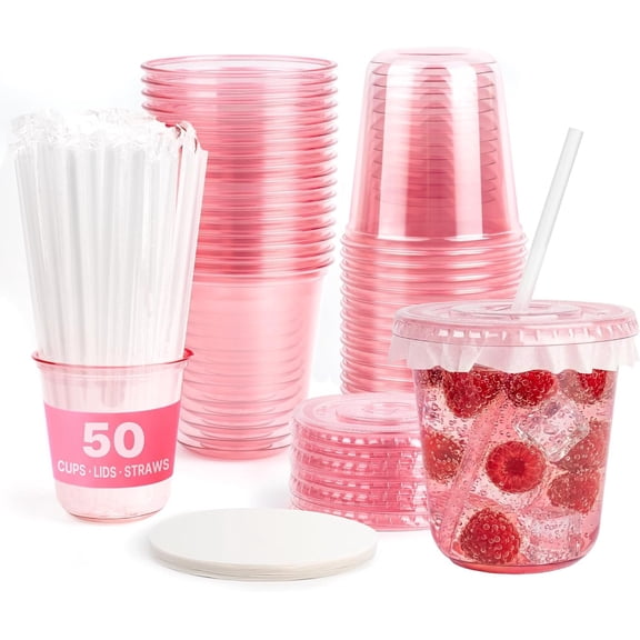 12 oz  Plastic Cups with  and Straws - Disposable Clear Stemless Drinking Cup for Iced Coffee Birthday Wedding Valentine's  Party, Includes Leak-Proof Paper, 50 Set