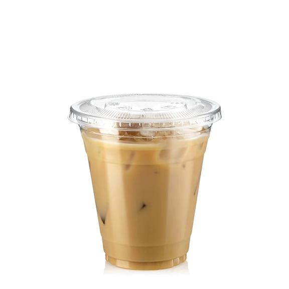 12 oz Plastic Cups with Flat Lids, 100 Pack, for Cold Drinks and Beverages