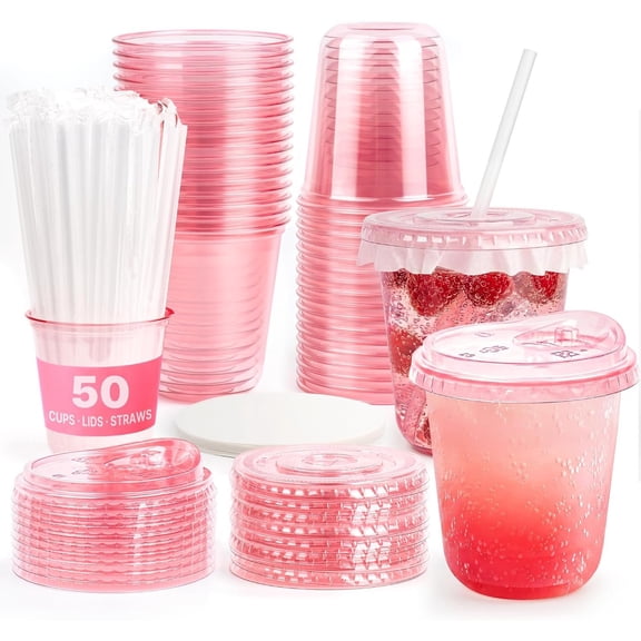 12 oz  Plastic Party Cups with  and Straws, 50 Pack Disposable Clear Round Bottom Iced Coffee Cups for Birthday Wedding Valentine's, Includes Leak-Proof Paper