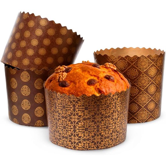 12 oz Round Panettone Paper Mold | 12 Pack | Non Stick Easter Bread Paper Mold Kulich Paska Pascha Bread Baking Forms Brown Design