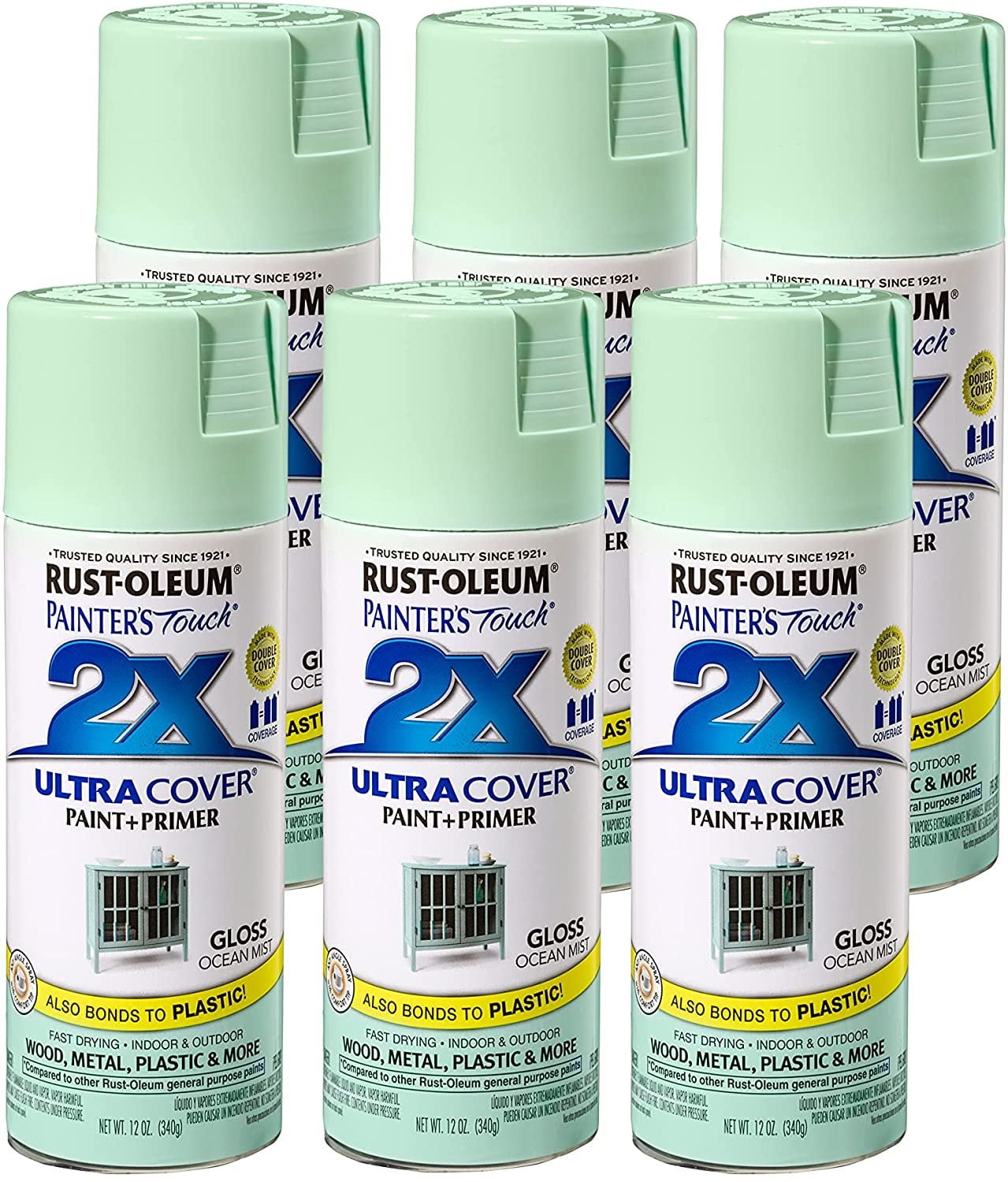 12 oz Rust-Oleum Brands 283190 Gloss Ocean Mist Painter's Touch 2X Ultra  Cover Paint + Primer Spray Paint, Gloss Pack of 6