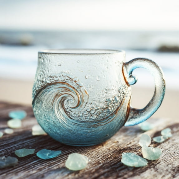 12 oz Sea Glass Wave Mug, Handblown Ocean Wave Glass Mug Cup, Unique Textured Beach Theme Mug for Tea, Wine, Handcrafted Sea Inspired Drinkware, Gift for Ocean Lovers