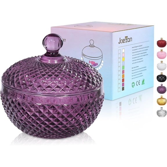 12 oz Small Dark Purple Glass Jars with Lid,Embossed Candy Dishes,Diamond Faceted Food Container,Decorative Jewelry Box Apothecary Canisters,Colored Kitchen Bathroom Buffet Storage Organizer