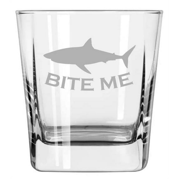 12 oz Square Base Rocks Whiskey Double Old Fashioned Glass Bite Me Shark Funny