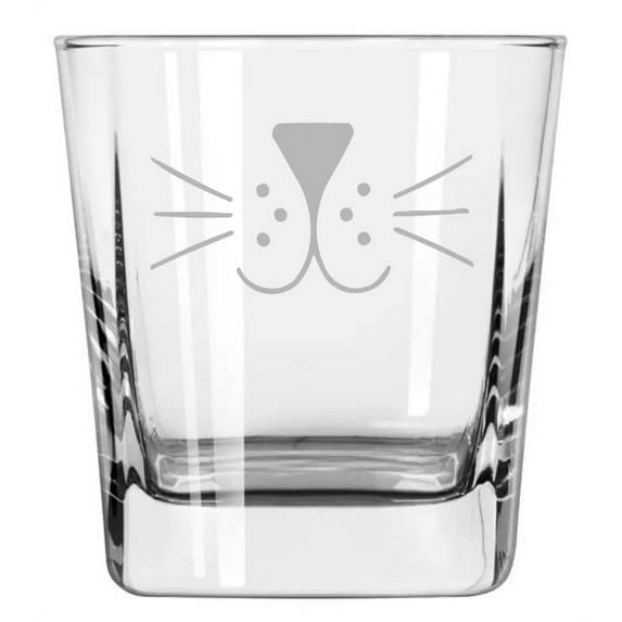 12 oz Square Base Rocks Whiskey Double Old Fashioned Glass Cat Face Whiskers
