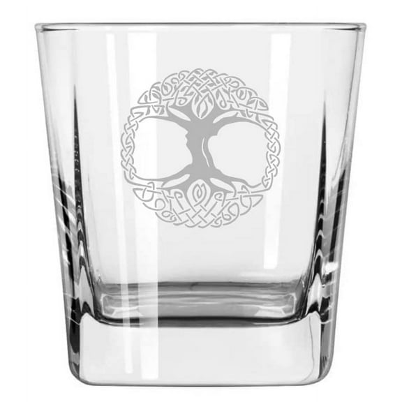 12 oz Square Base Rocks Whiskey Double Old Fashioned Glass Celtic Tree Of Life Irish