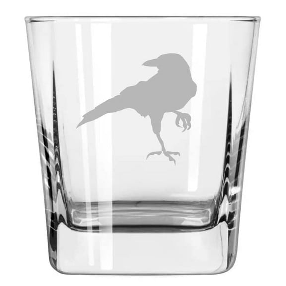 12 oz Square Base Rocks Whiskey Double Old Fashioned Glass Crow Raven Blackbird