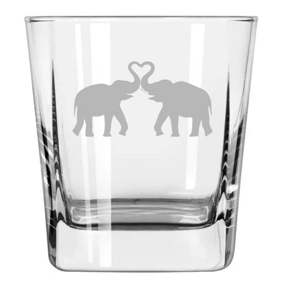 12 oz Square Base Rocks Whiskey Double Old Fashioned Glass Elephants Making Heart