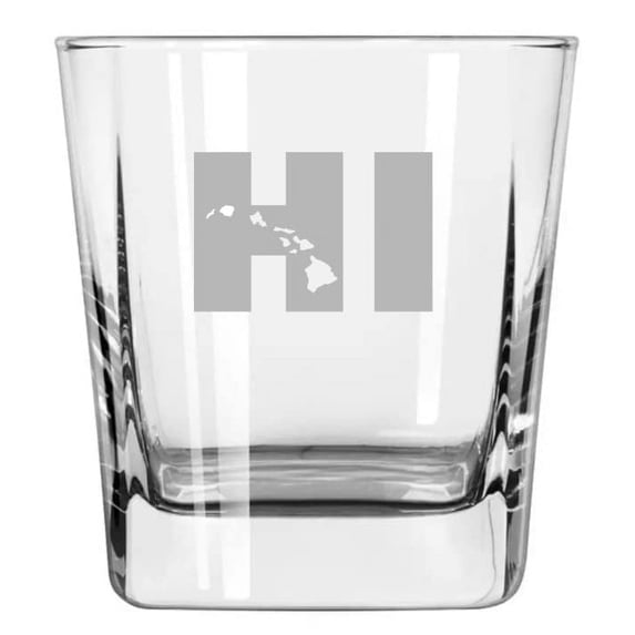 12 oz Square Base Rocks Whiskey Double Old Fashioned Glass HI Hawaiian Islands Hawaii