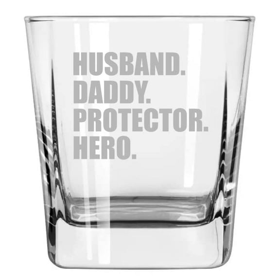12 oz Square Base Rocks Whiskey Double Old Fashioned Glass Husband Daddy Protector Hero Dad Father