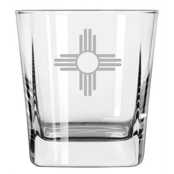 12 oz Square Base Rocks Whiskey Double Old Fashioned Glass New Mexico Sun Symbol