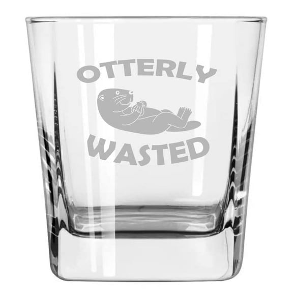 12 oz Square Base Rocks Whiskey Double Old Fashioned Glass Otterly Wasted Otter Funny