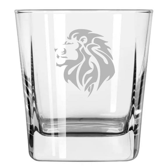 12 oz Square Base Rocks Whiskey Double Old Fashioned Glass Tribal Lion Head