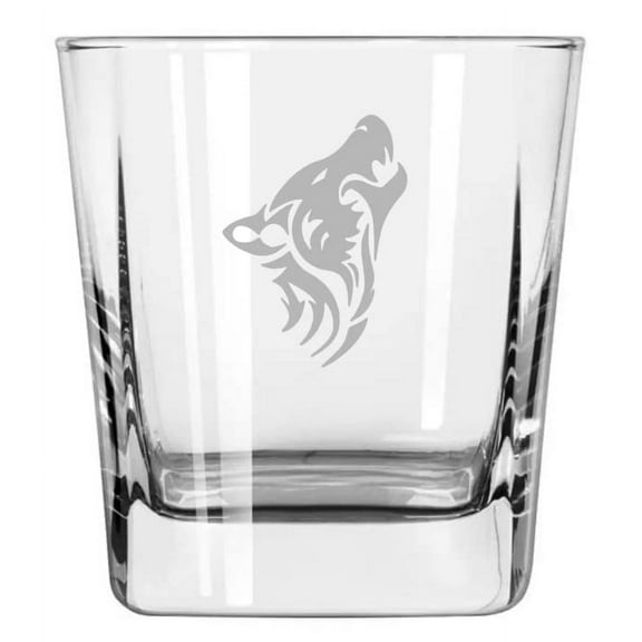 12 oz Square Base Rocks Whiskey Double Old Fashioned Glass Tribal Wolf