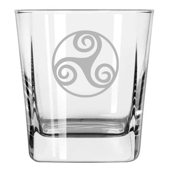 12 oz Square Base Rocks Whiskey Double Old Fashioned Glass Triskel Celtic Triskelion