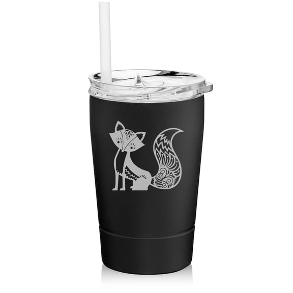 12 oz Tumbler Double Wall Stainless Steel Vacuum Insulated Coffee Travel Mug With Straw Fancy Fox (Black)