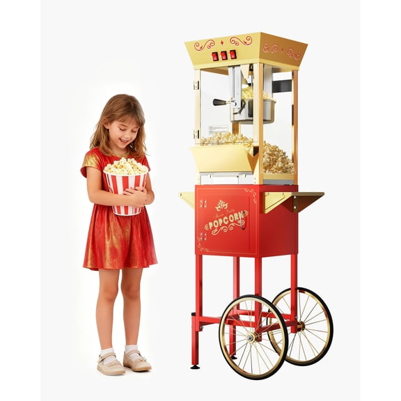 12 oz Upgraded Popcorn Machine Cart, Popcorn Maker Machine with Stainless-Steel Kettle Makes Up to 48 Cups, Movie Theater Pop Corn Machine with 3-Switch Control & Tempered Glass Doors, Red
