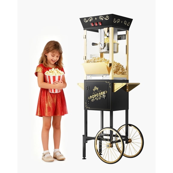 12 oz Upgraded Popcorn Machine Cart, Popcorn Maker Machine with Stainless-Steel Kettle Makes Up to 48 Cups, Movie Theater Pop Corn Machine with 3-Switch Control & Tempered Glass Doors, Black
