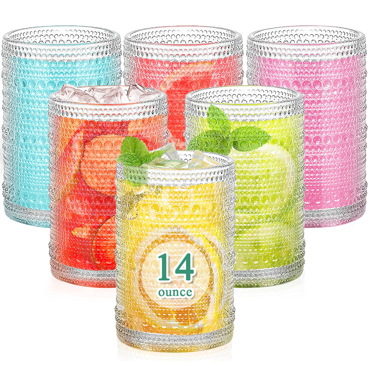 GPED 14 oz Vintage Hobnail Drinking Glasses ,Hobnail Glass Cups Set of 6, Embossed Water Tumbler, Cups for Kitchen, Beaded Glassware, Highball Glasses for Whiskey, Juice, Water, Beer