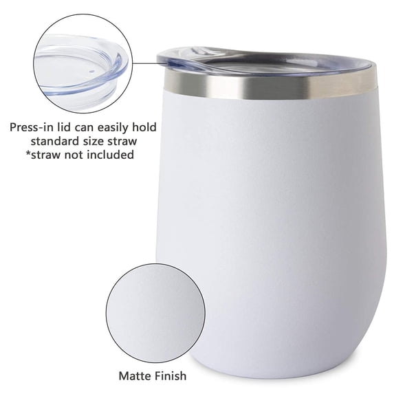 12 oz Wine Tumbler with Lid, Double Wall Vacuum Insulated Stemless Glass, (White) (Pack of 1)