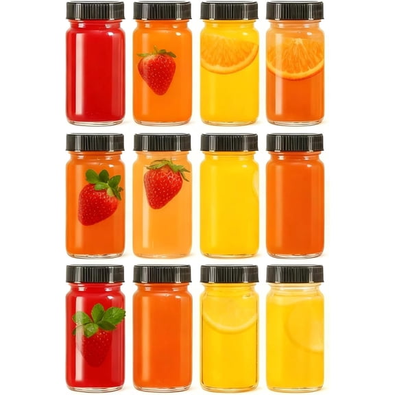 12 pack 2oz Glass Shot Mini Bottles with Black Lids - Reusable Leakage-Proof Small Clear Jar for Ginger, Wellness Shot, Juice, Sample, Whiskey, Essentials - Wide Mouth Containers, Dishwasher Safe ,Fo