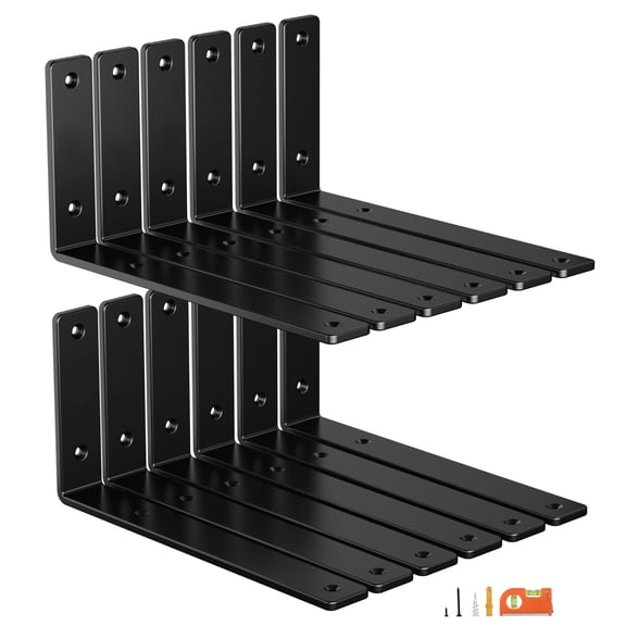 12-pack 8 Inch Heavy Duty Shelf Brackets Floating L Bracket For Wall Kitchen Mantel Shelves Support | Quarter (1/4") Thick Black Powder Coated Steel