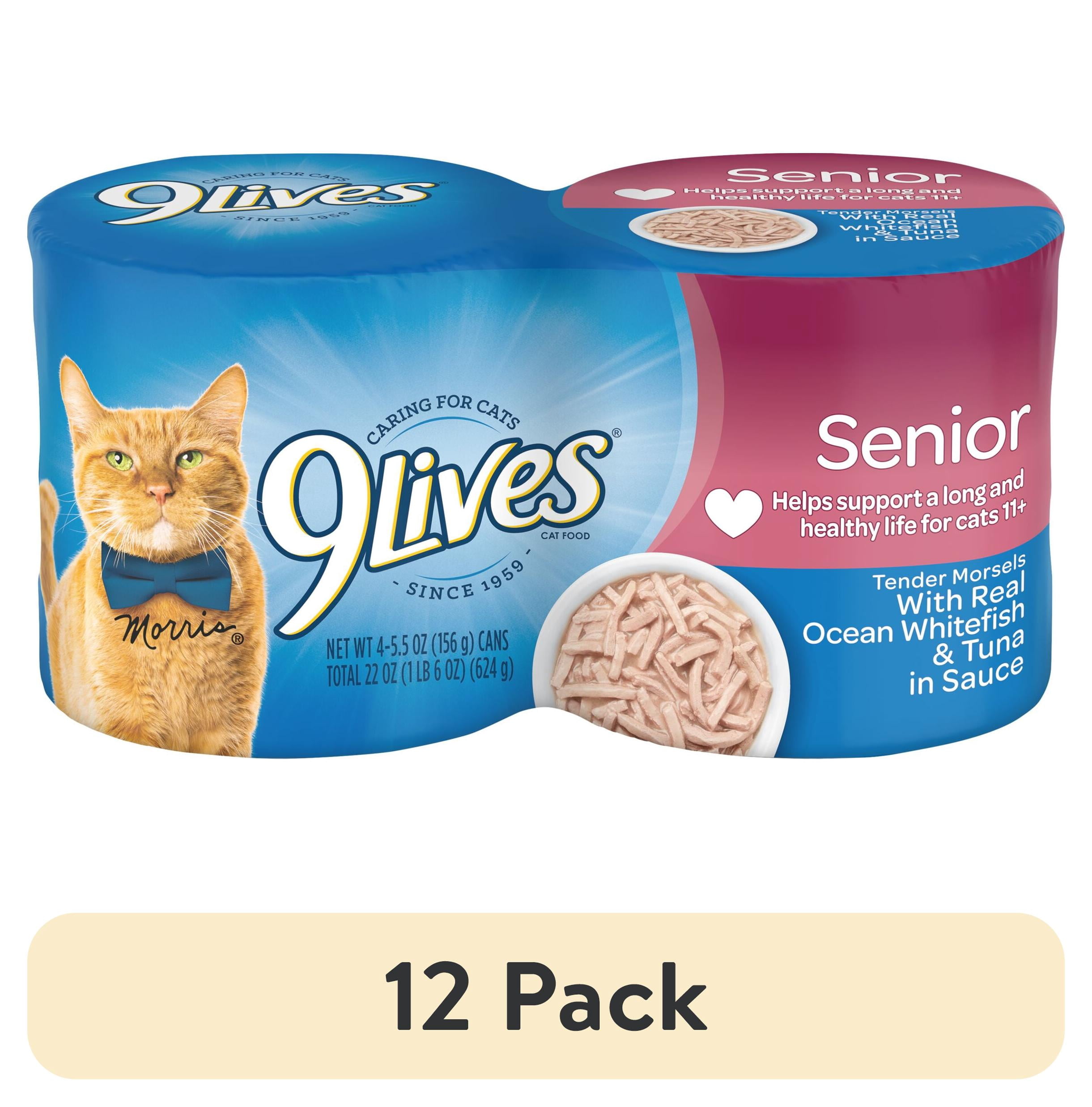 (12 pack) 9Lives Wet Senior Cat Food with Real Ocean Whitefish & Tuna in Sauce, 5.5 Ounce Can (Pack of 4)