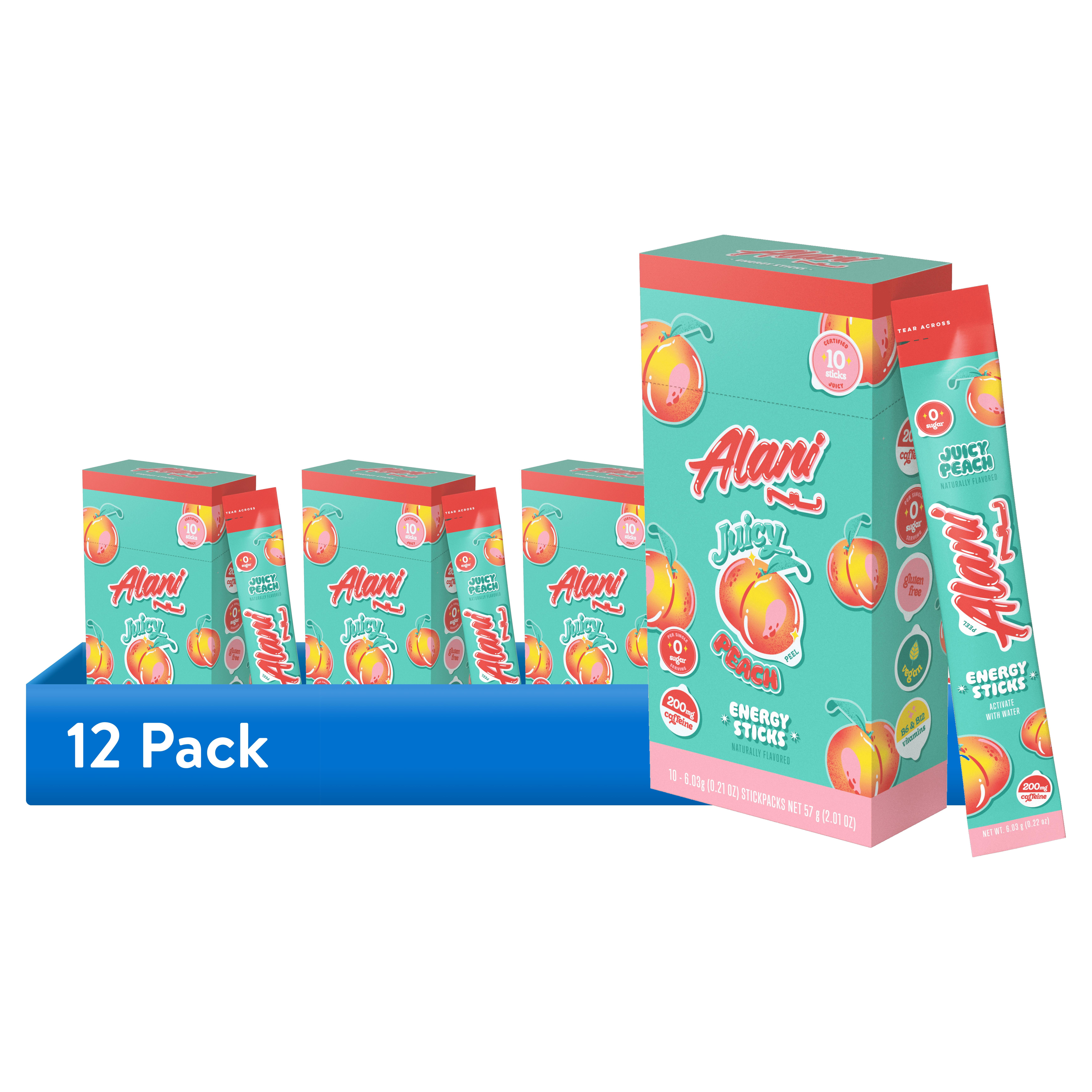 (12 pack) Alani Nu Energy Sticks, Juicy Peach, 10 Count, 200mg Caffeine, Zero Sugar