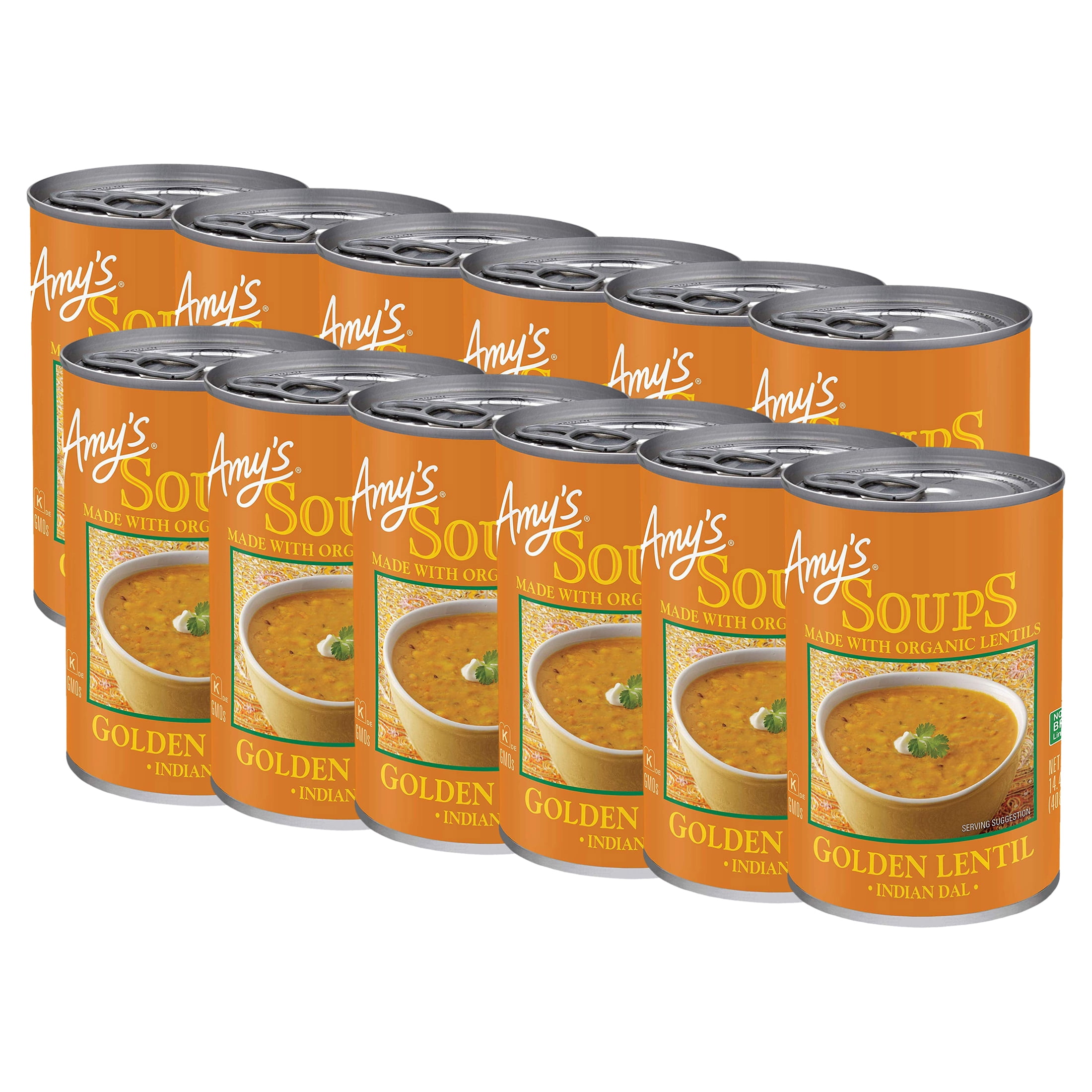 (12 pack) Amy’s Soup, Plant-Based Golden Lentil Soup, Gluten Free, Made With Organic Red Lentils and Vegetables, Canned Soup, 14.4 Oz