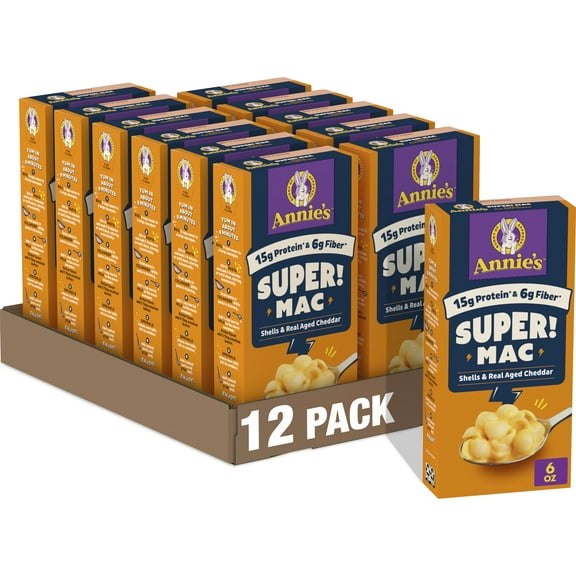 (12 pack) Annie's Super! Mac, Macaroni And Cheese, Shells and Real Aged Cheddar, 6 oz