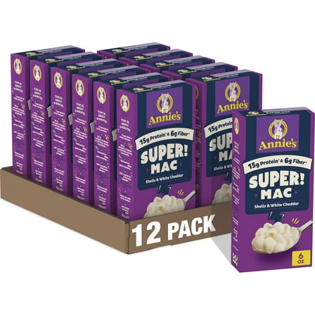 (12 pack) Annie's Super! Mac, Macaroni And Cheese, Shells and White Cheddar, 6 oz