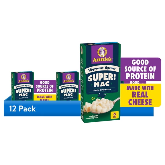 (12 pack) Annie's Super! Mac, Shells and Parmesan, Made with Organic Protein Pasta, 6 oz